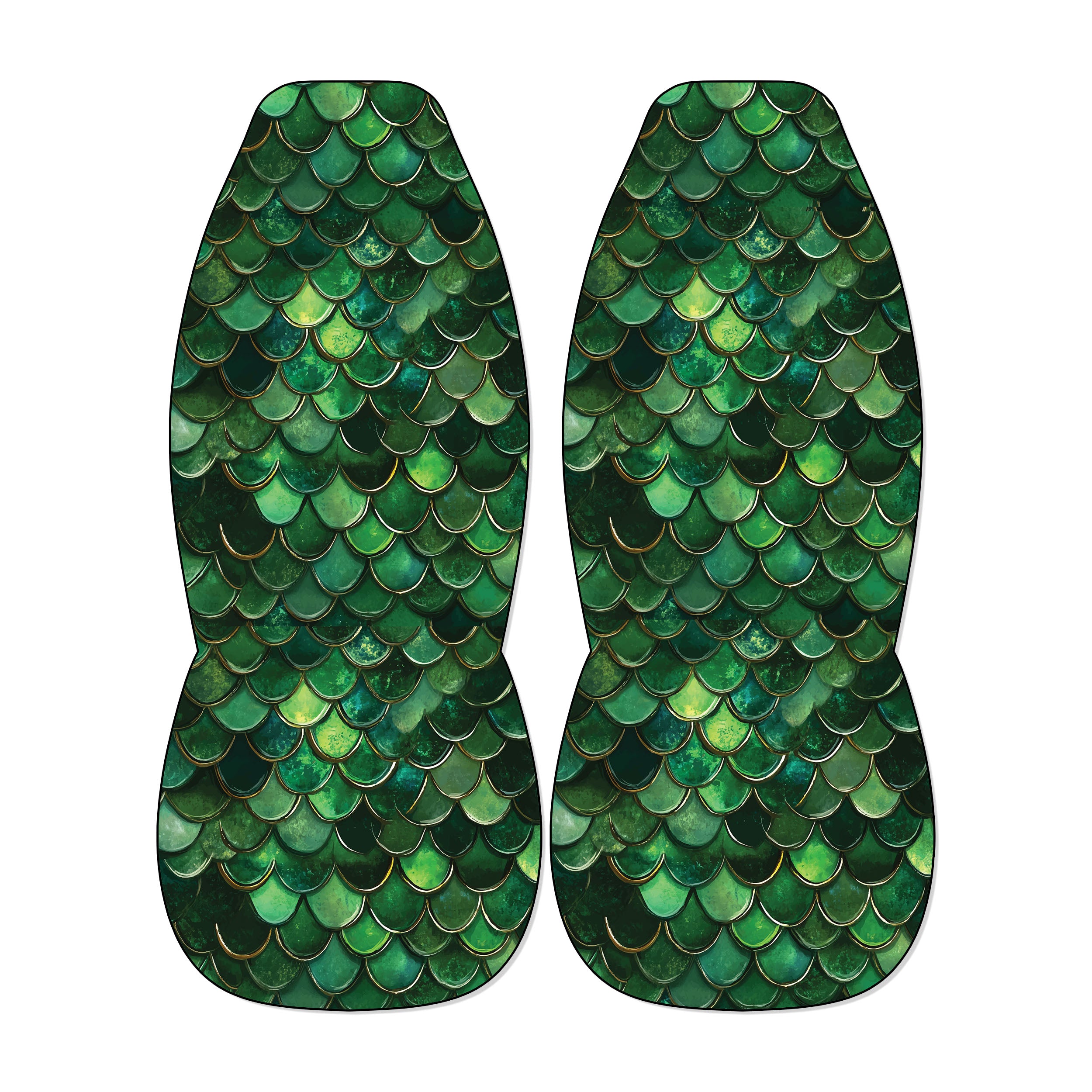 Green dragon mermaid scale front car seat covers with iridescent reptile pattern on bucket seats