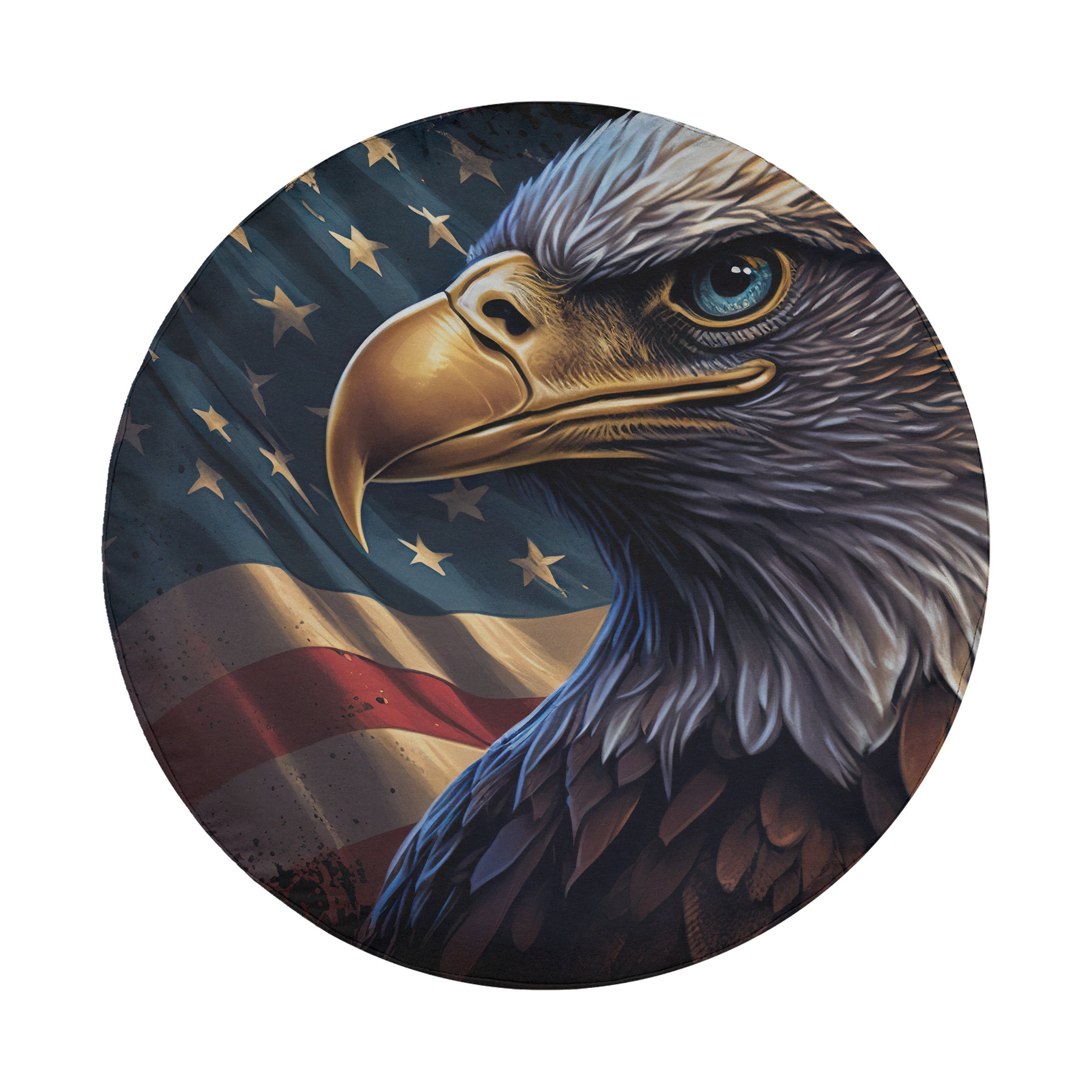 Flat round tire cover art of a majestic bald eagle head with American flag stars and stripes