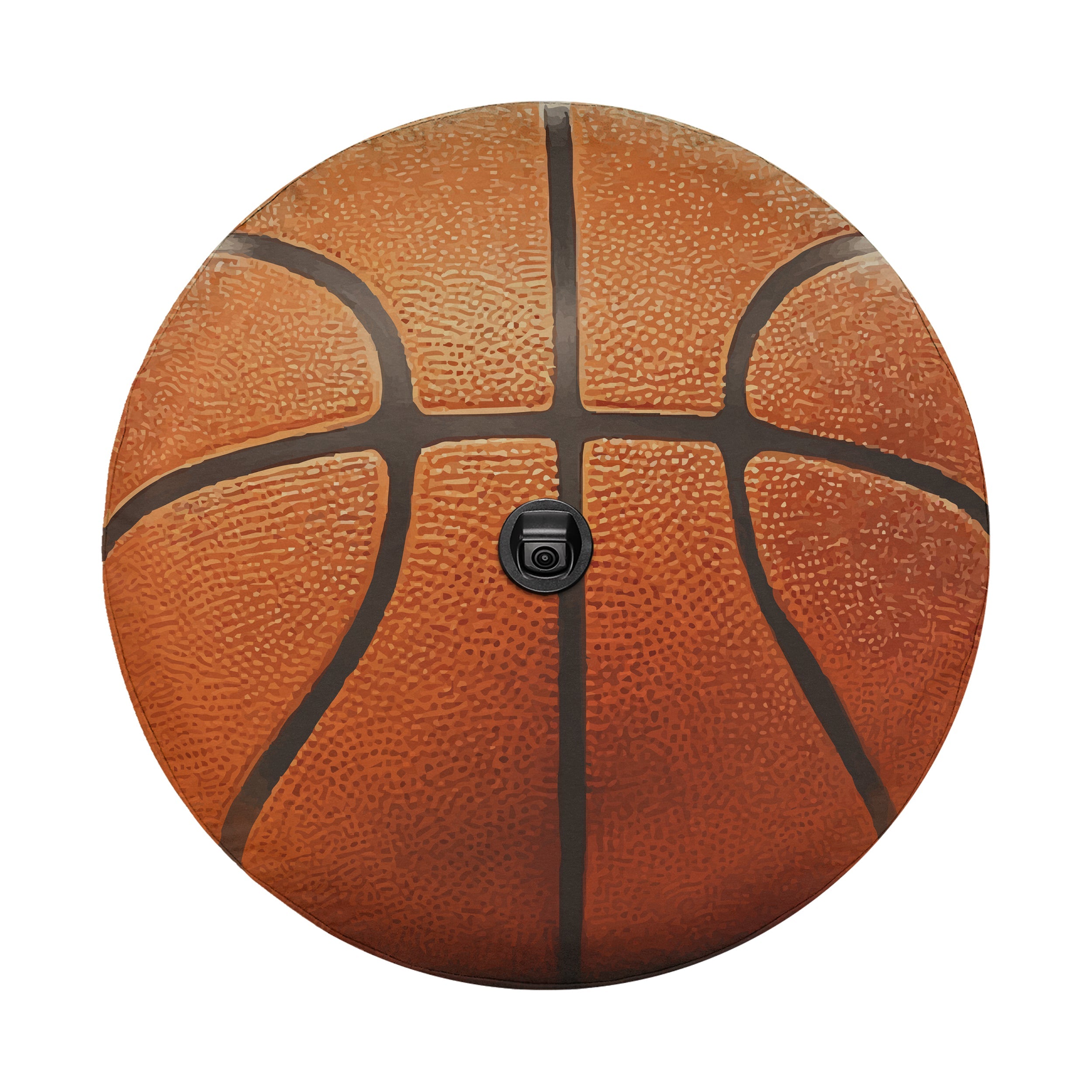 Basketball spare tire cover flat-lay product photo showing realistic orange panel texture
