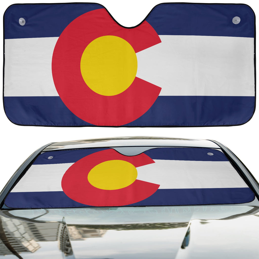 Colorado flag windshield sunshade dual view showing flat layout and installed mounted with suction cups on car