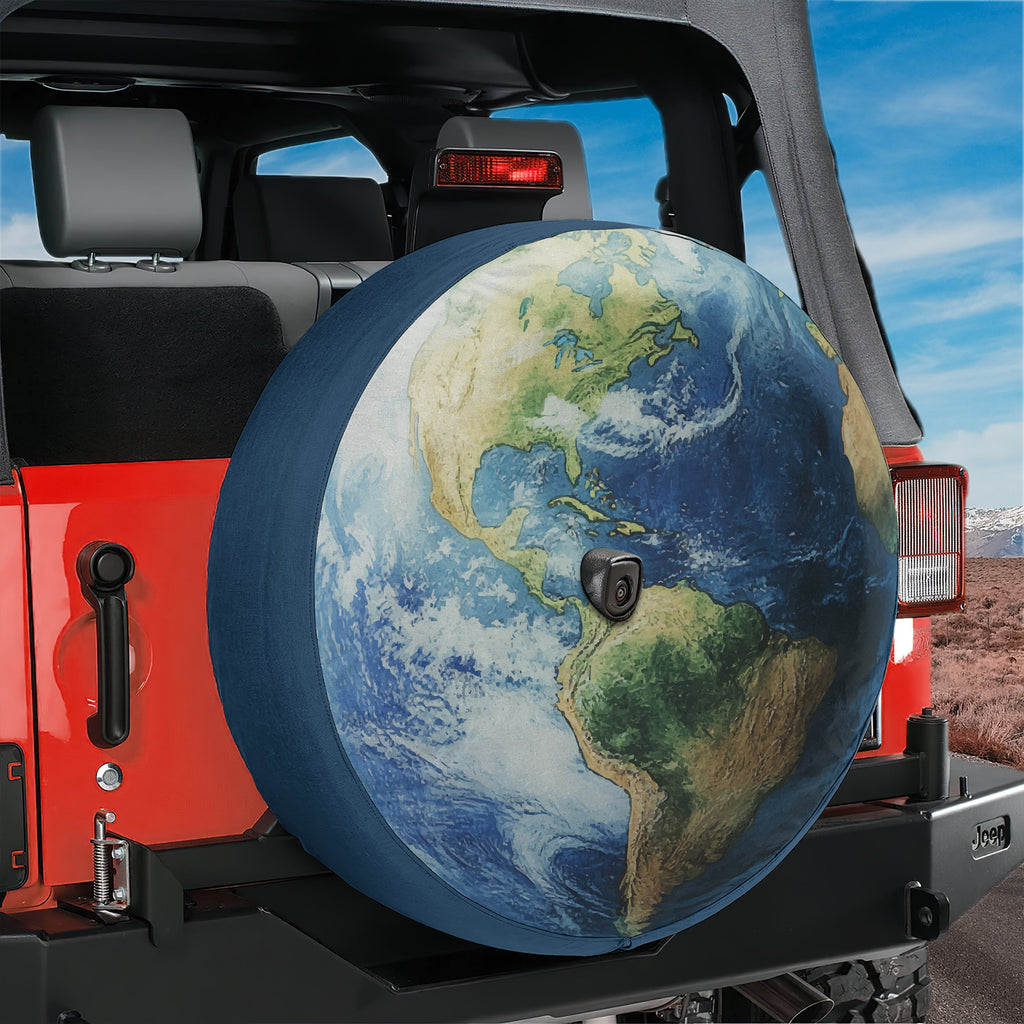 Planet Earth spare tire cover alternate lifestyle shot on SUV outdoors