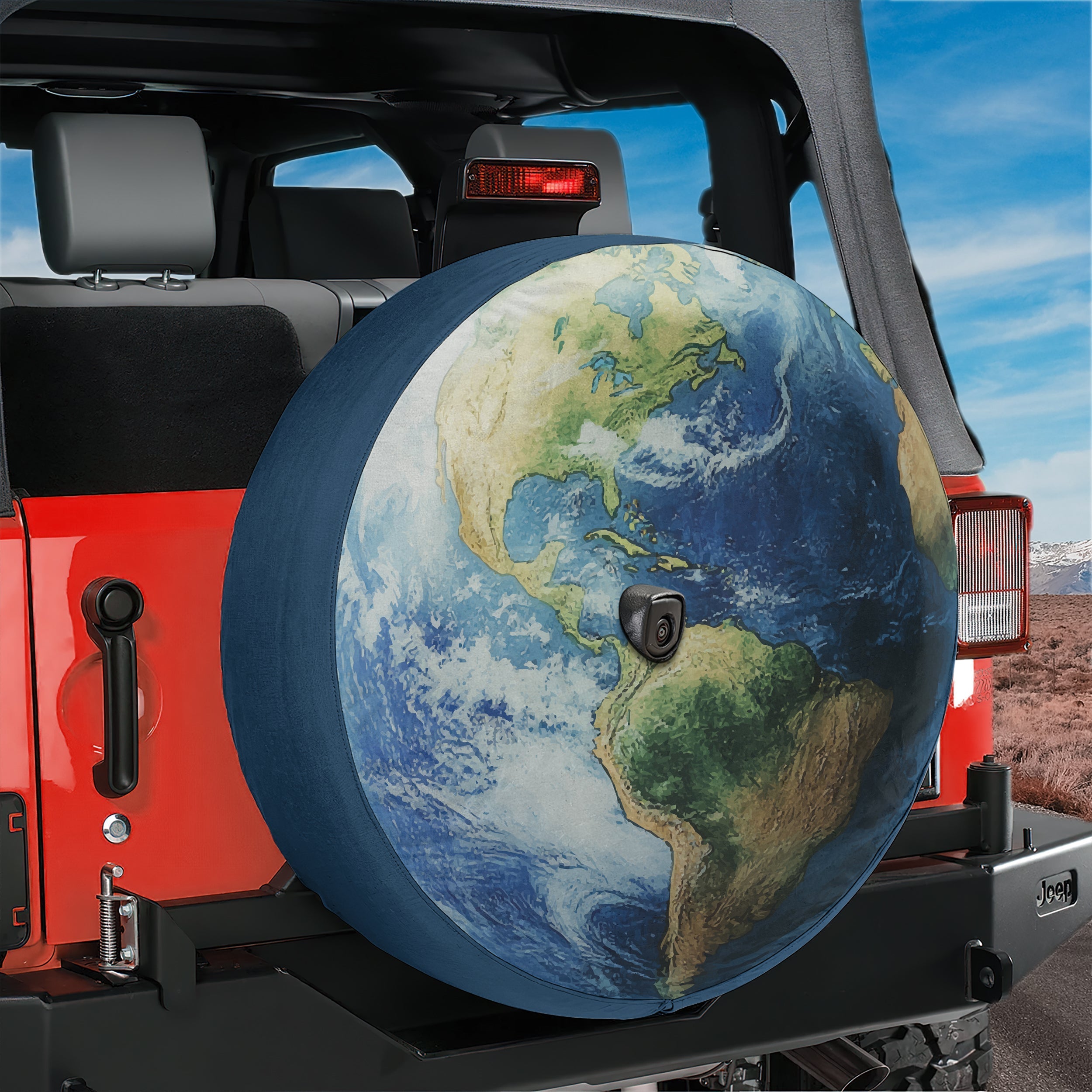 Planet Earth spare tire cover alternate lifestyle shot on SUV outdoors