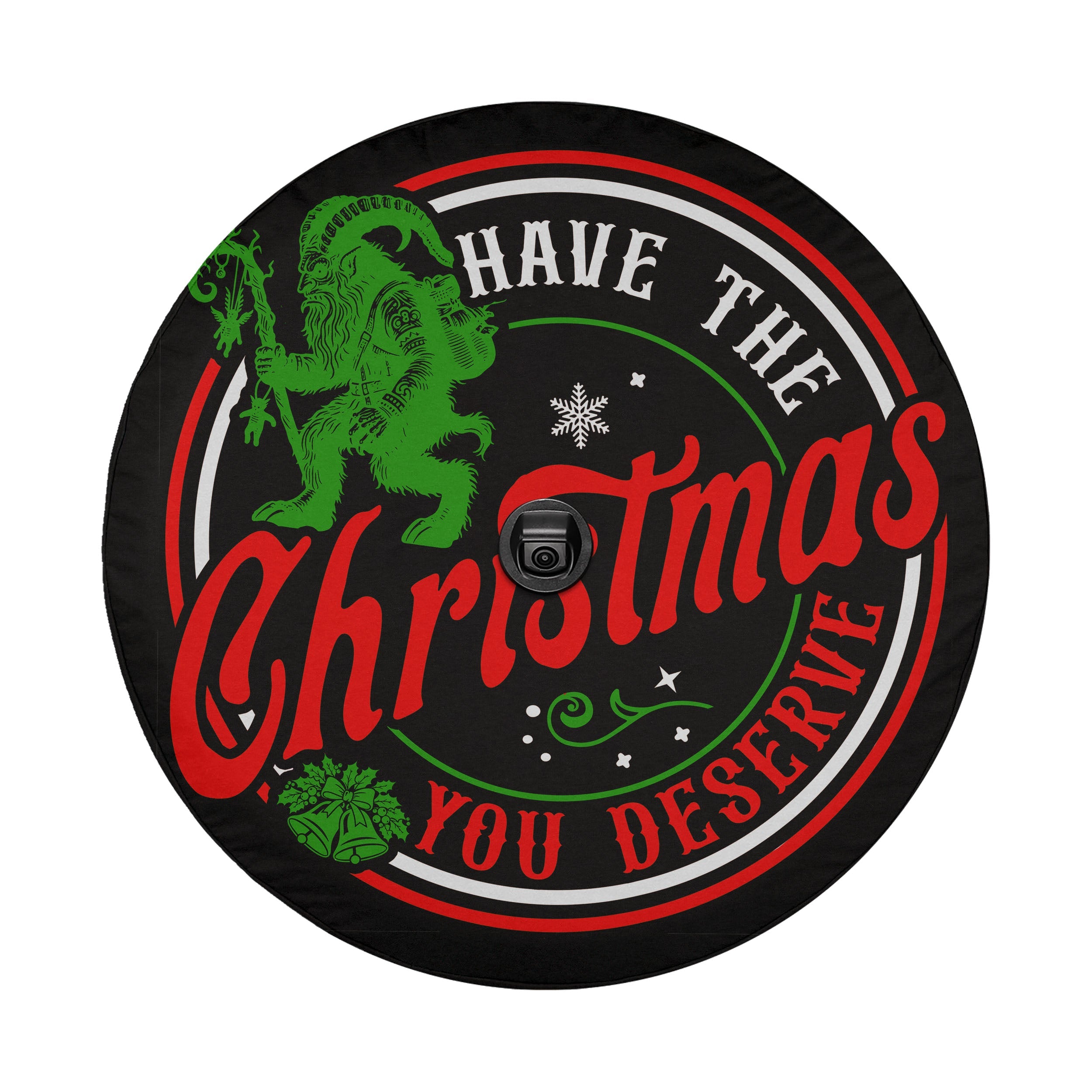 a circular design with a green gnome and the text "Have the Christmas you deserve" in red and white colors.