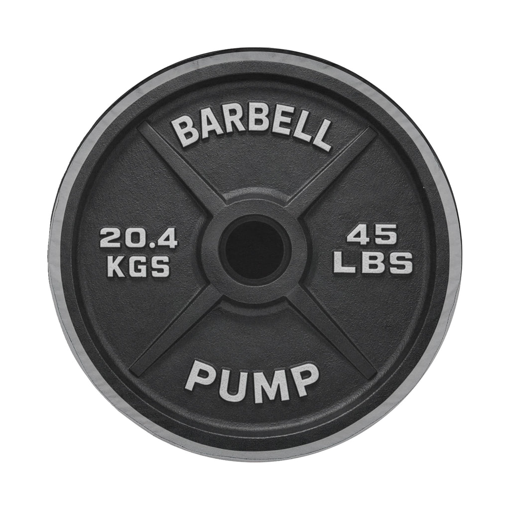 A black barbell weight plate with the text "BARBELL" and "PUMP" printed on it.