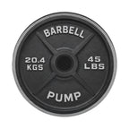 A black barbell weight plate with the text "BARBELL" and "PUMP" printed on it.
