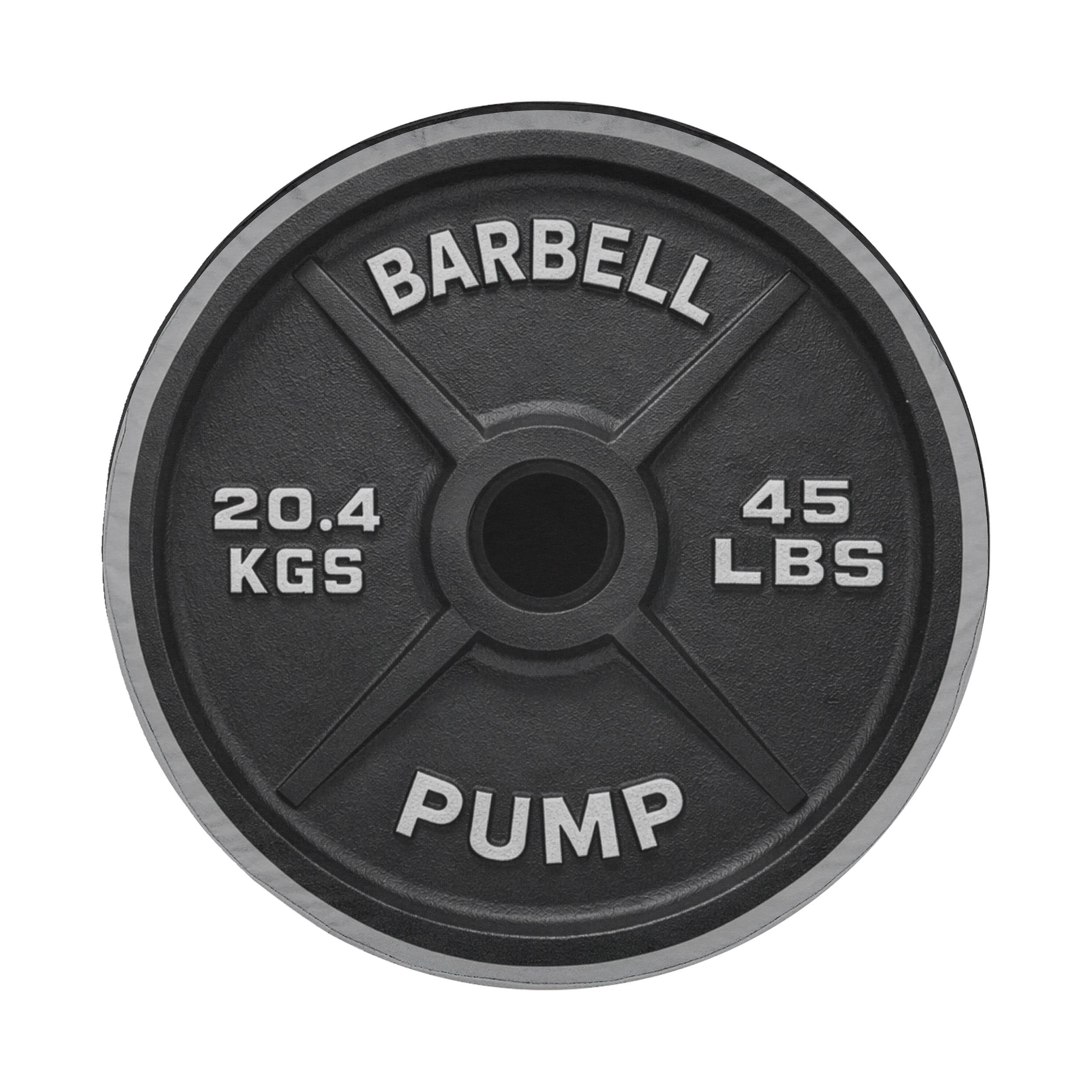 A black barbell weight plate with the text "BARBELL" and "PUMP" printed on it.