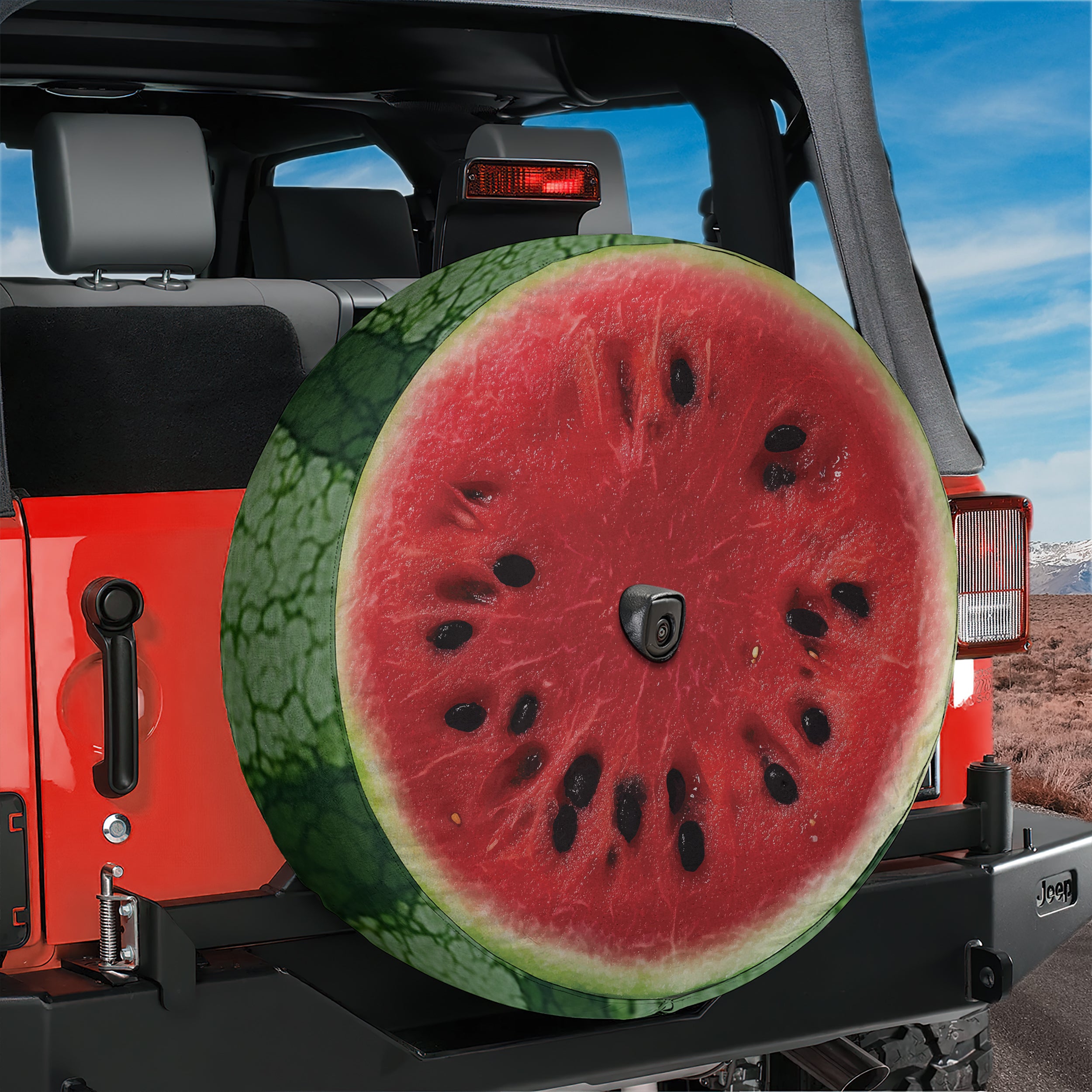 Watermelon half spare tire cover with juicy pink fruit slice and green rind summer design