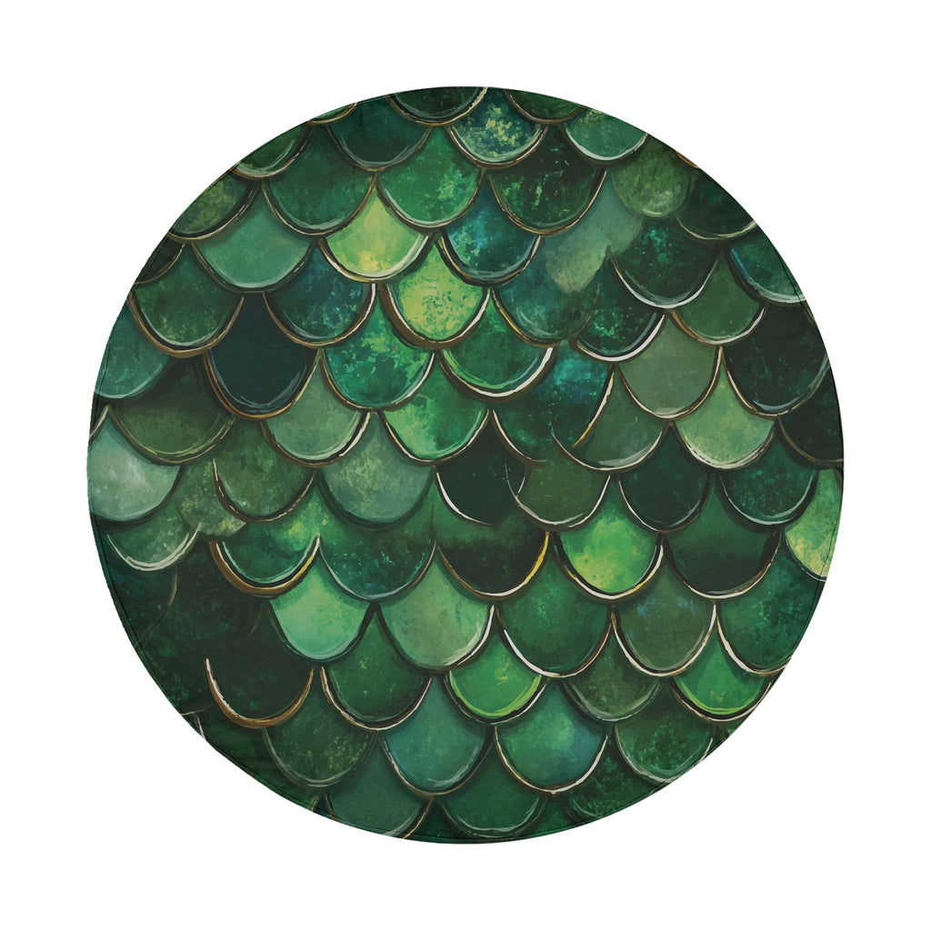 Flat green mermaid scale spare tire cover artwork showing iridescent fish scale circular pattern design