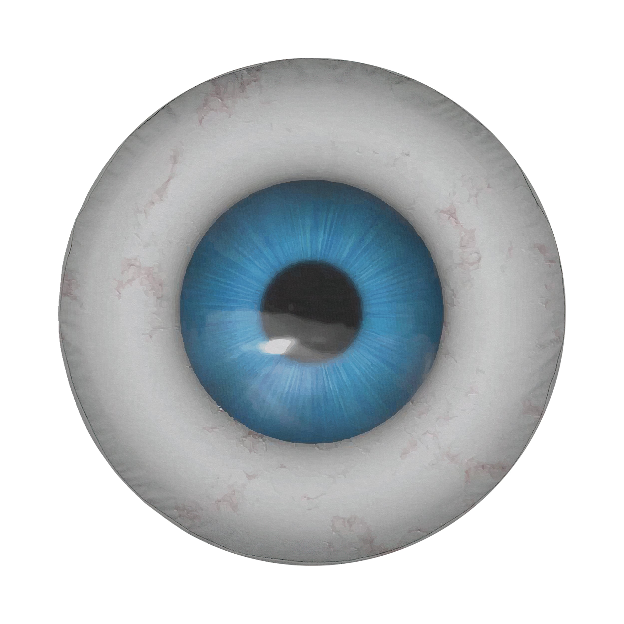 Eye On You flat round spare tire cover art with a vivid blue iris and black pupil centered on white