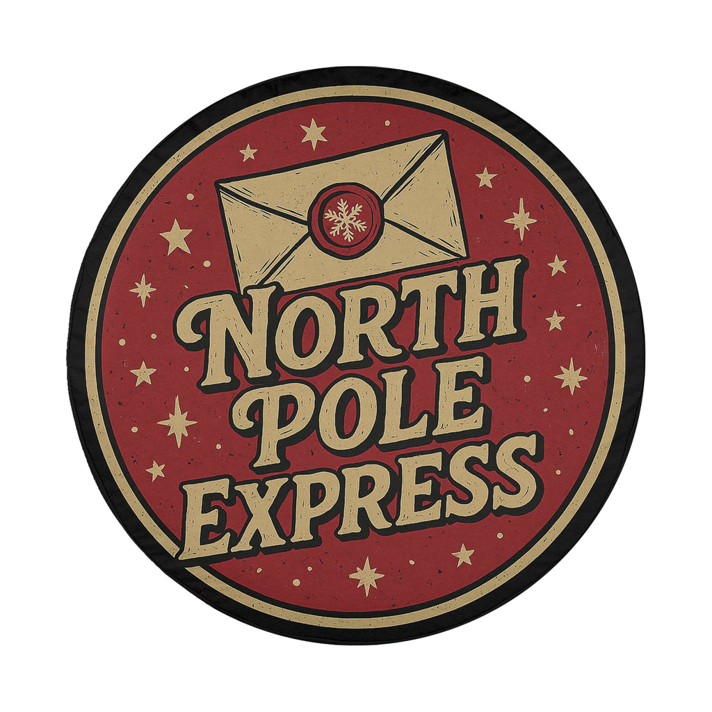 A circular sign with the text "NORTH P Pole EXPRESS" and an envelope icon, surrounded by stars.