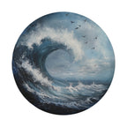 Tidal Wave spare tire cover flat artwork with painted curling ocean wave, seabirds and pale cloud sky