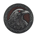Close-up Odin's ravens spare tire cover disc with Norse raven, Celtic knot border and camera hole