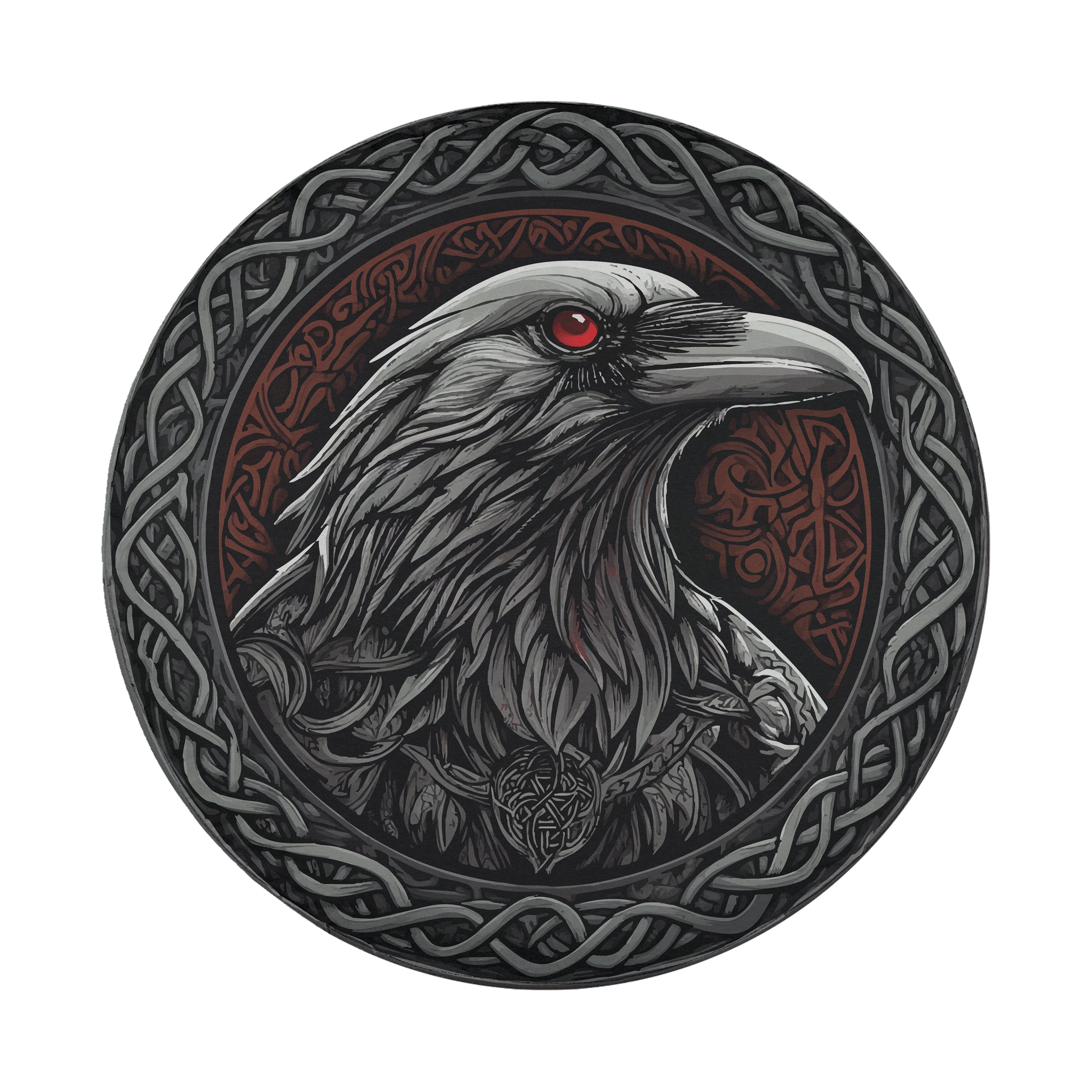 Close-up Odin's ravens spare tire cover disc with Norse raven, Celtic knot border and camera hole