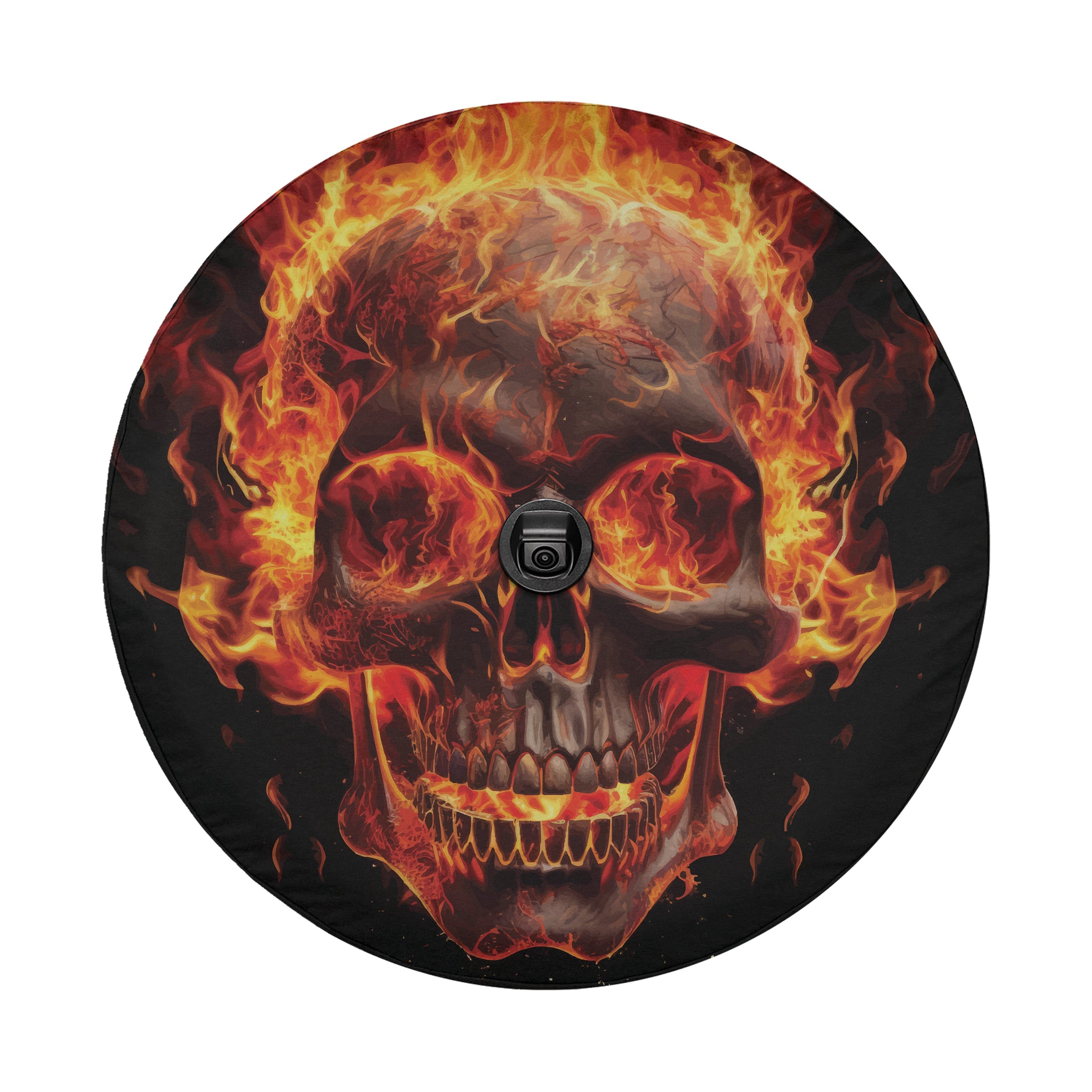Flaming Skull spare tire cover view of burning skull with orange flames on black background