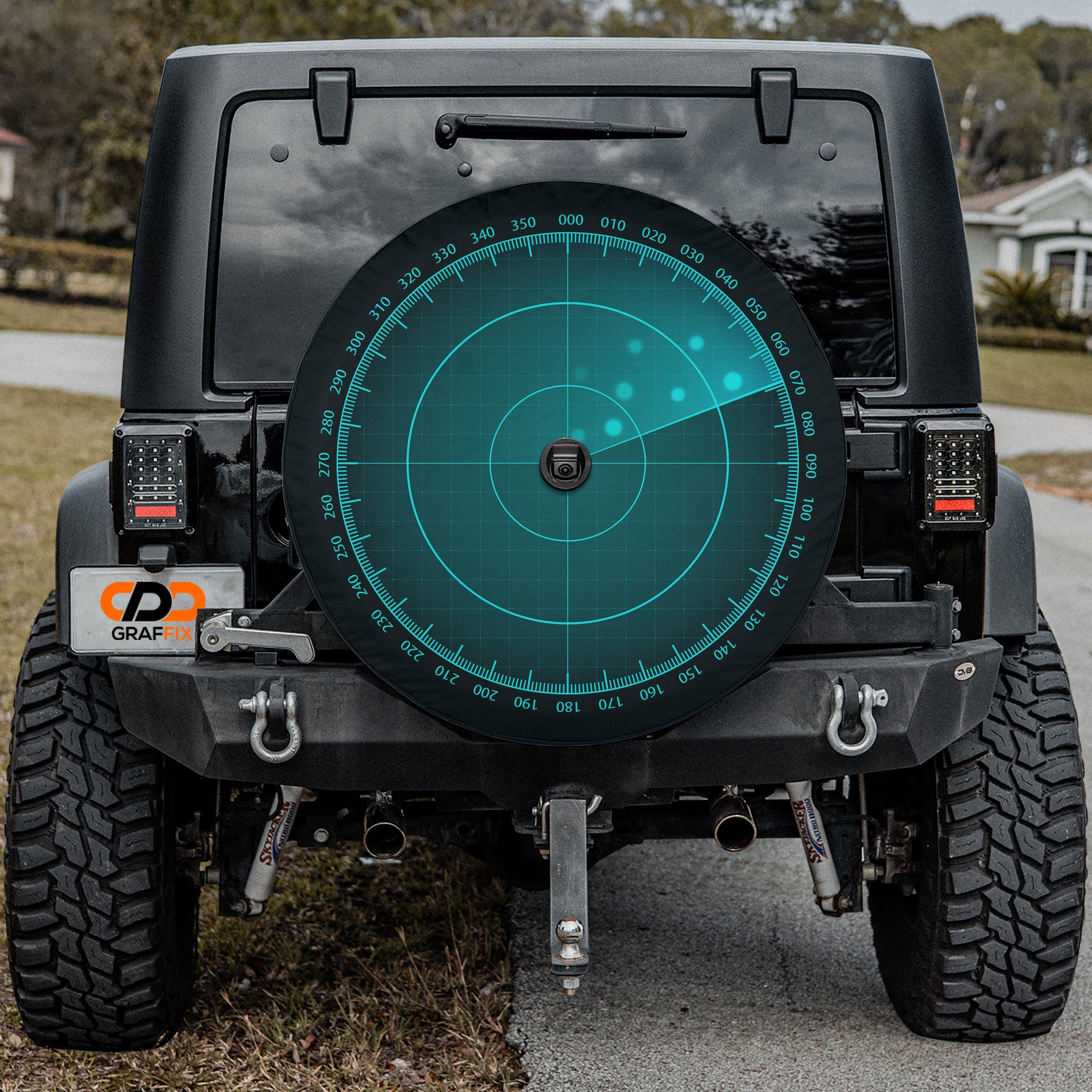 Radar HUD display spare tire cover fabric and grommet closeup detail view