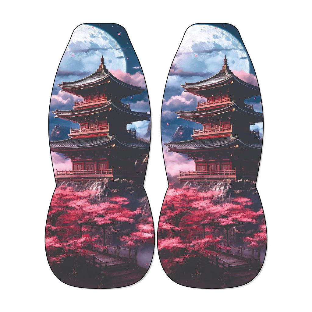 a pair of shoes with a design of a traditional Japanese temple surrounded by pink cherry blossoms and a full moon.