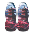 a pair of shoes with a design of a traditional Japanese temple surrounded by pink cherry blossoms and a full moon.