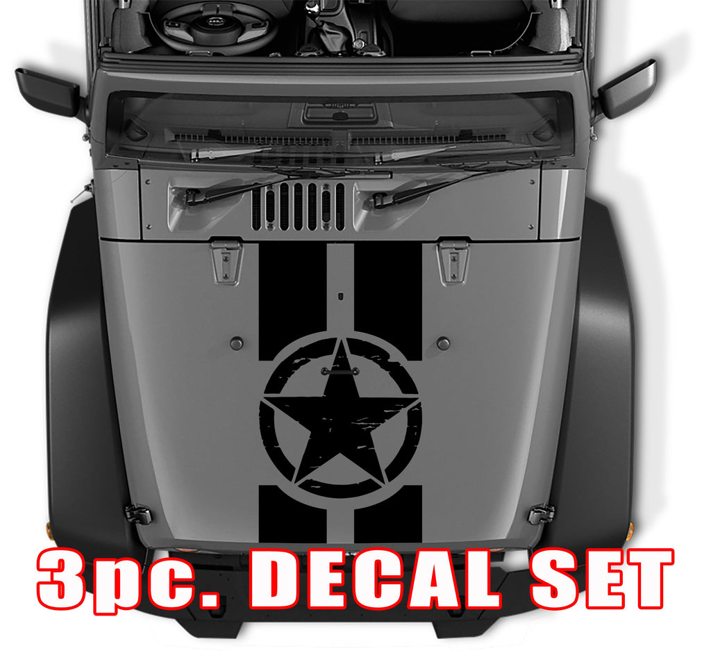 Black distressed Oscar Mike military star three-piece hood stripe decal set on gray Jeep Wrangler