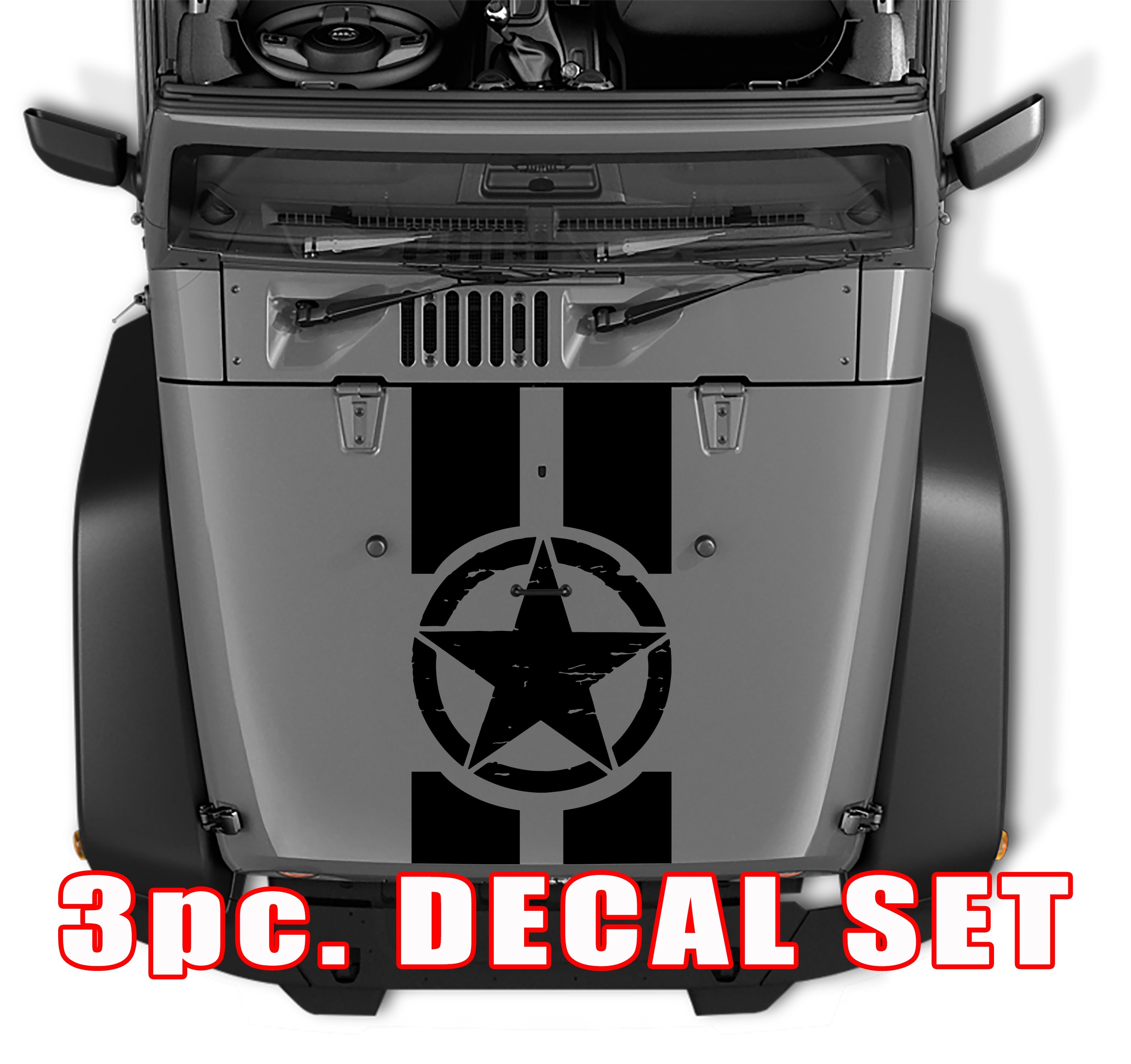 Black distressed Oscar Mike military star three-piece hood stripe decal set on gray Jeep Wrangler