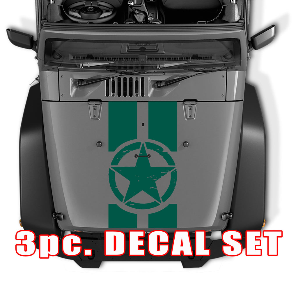 Forest green distressed Oscar Mike military star 3pc hood stripe decal set on gray Jeep Wrangler