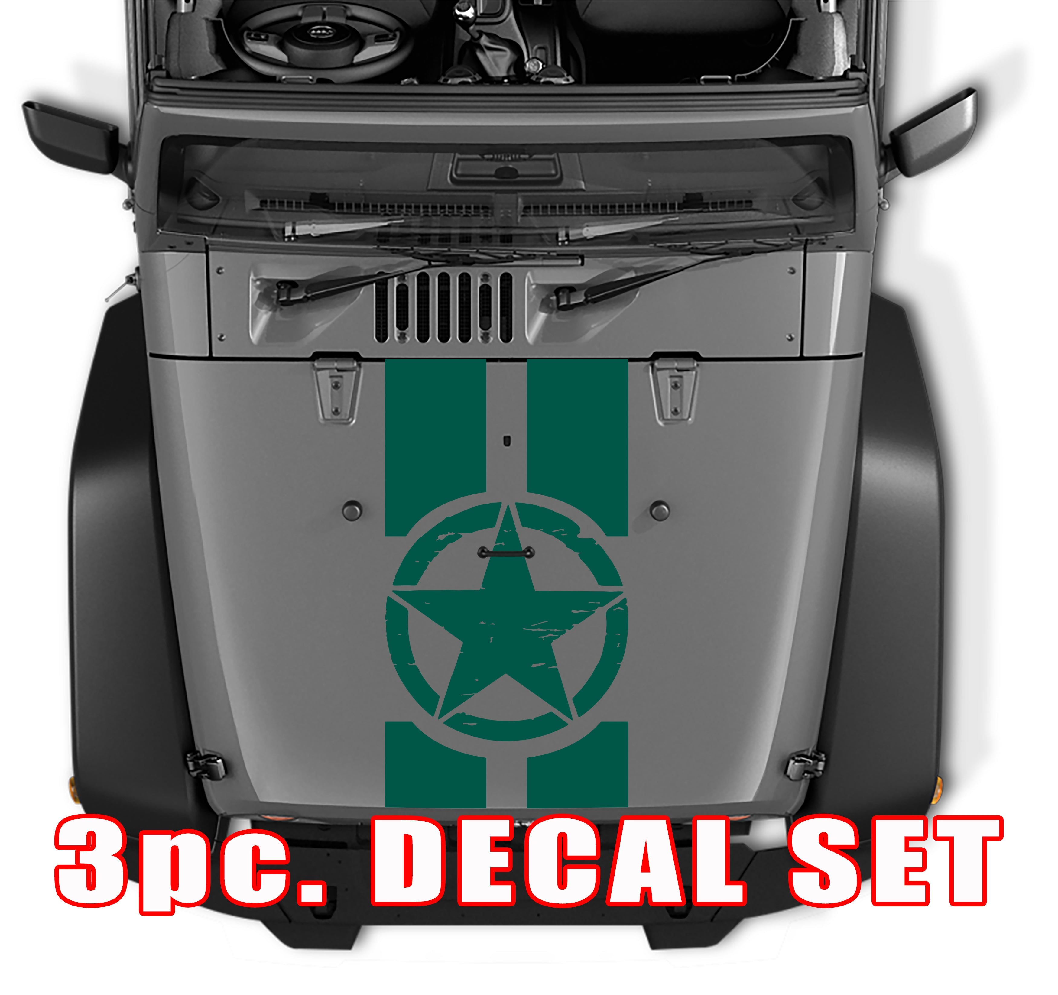 Forest green distressed Oscar Mike military star 3pc hood stripe decal set on gray Jeep Wrangler