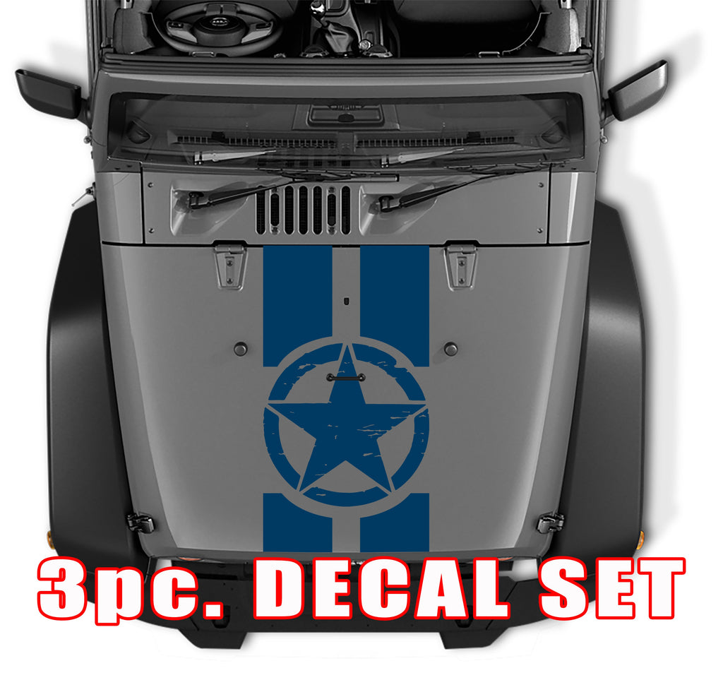 Navy blue distressed Oscar Mike military star 3pc hood stripe decal set shown on gray Jeep hood