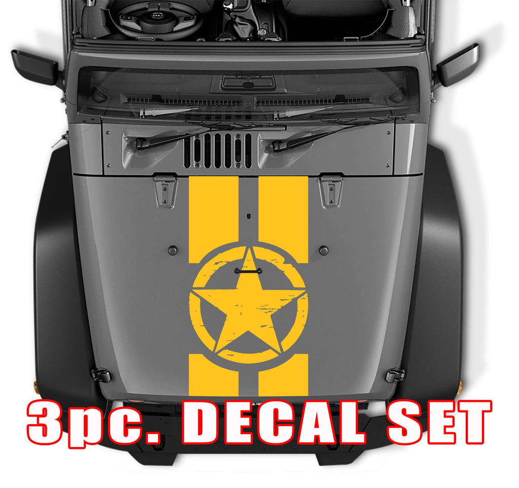 Snowfall white distressed Oscar Mike military star hood stripe decal 3pc set on gray Jeep hood