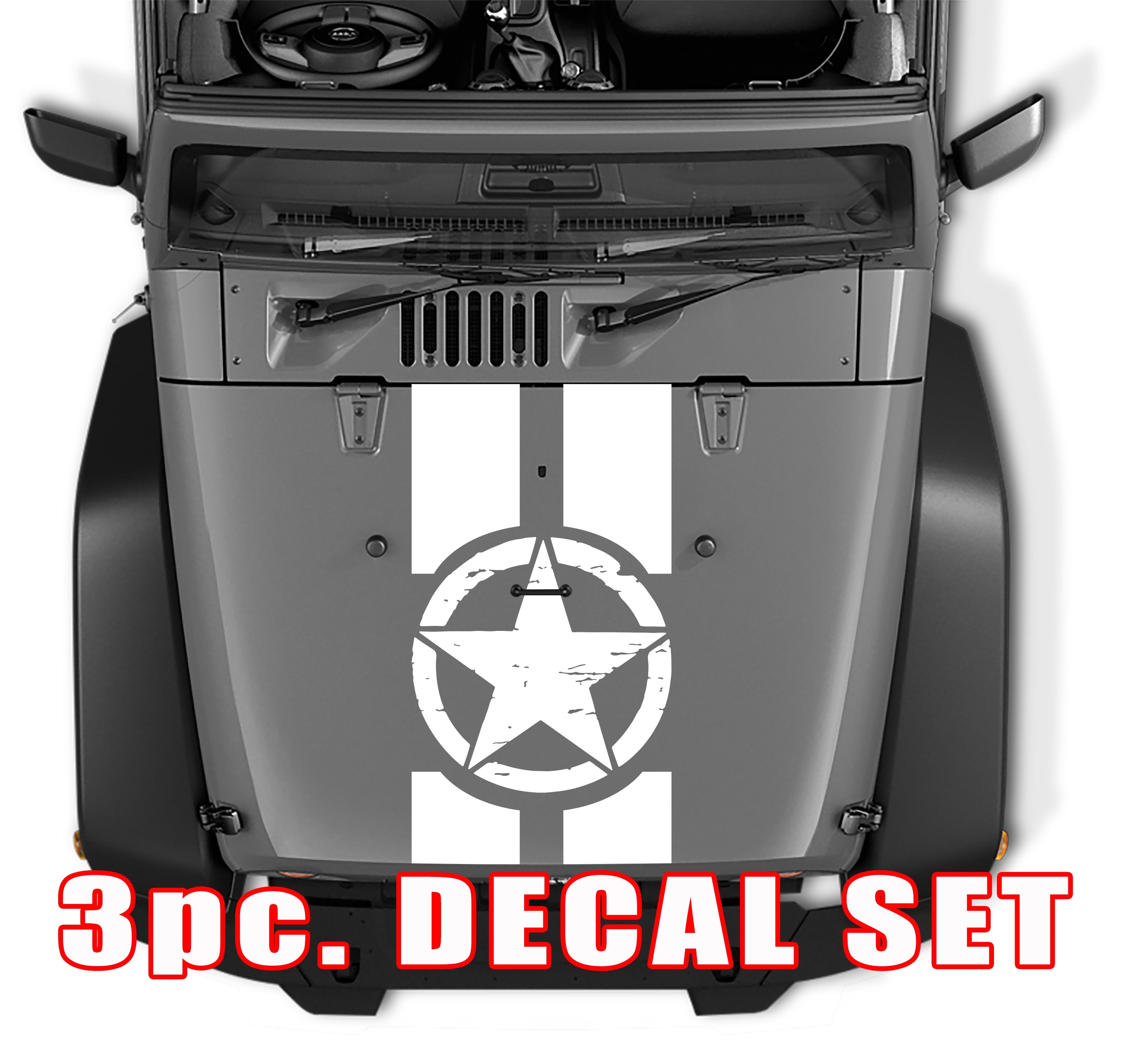 White distressed Oscar Mike military star three-piece hood stripe decal kit shown on gray Jeep hood