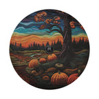 Quilted Halloween pumpkin tire cover elastic edge and grommet closeup for secure spare wheel fit