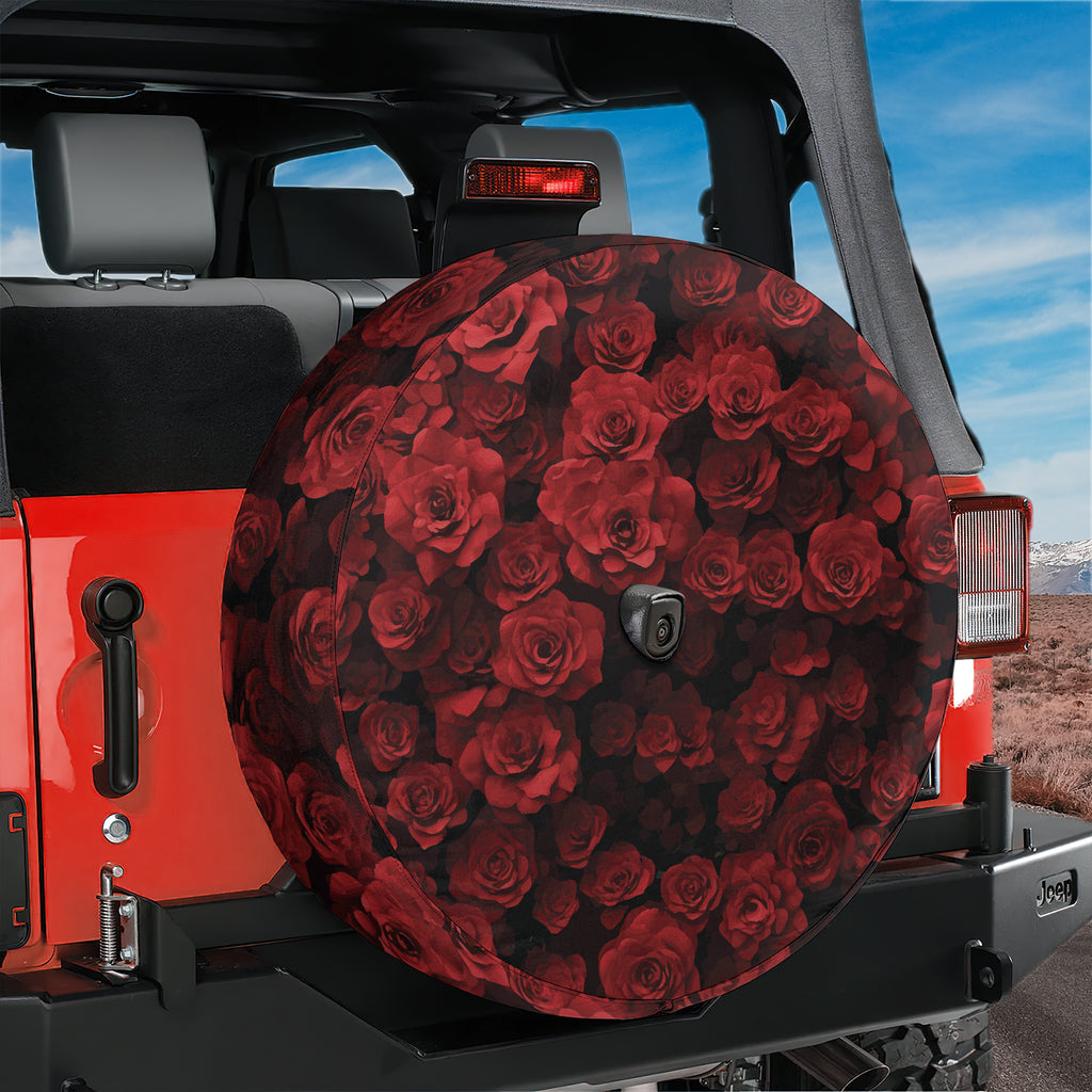 Wheel of Roses spare tire cover alternate view with vivid red rose floral arrangement print