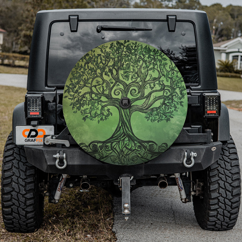 Celtic roots green tree of life spare tire cover with branching roots and ancient knotwork
