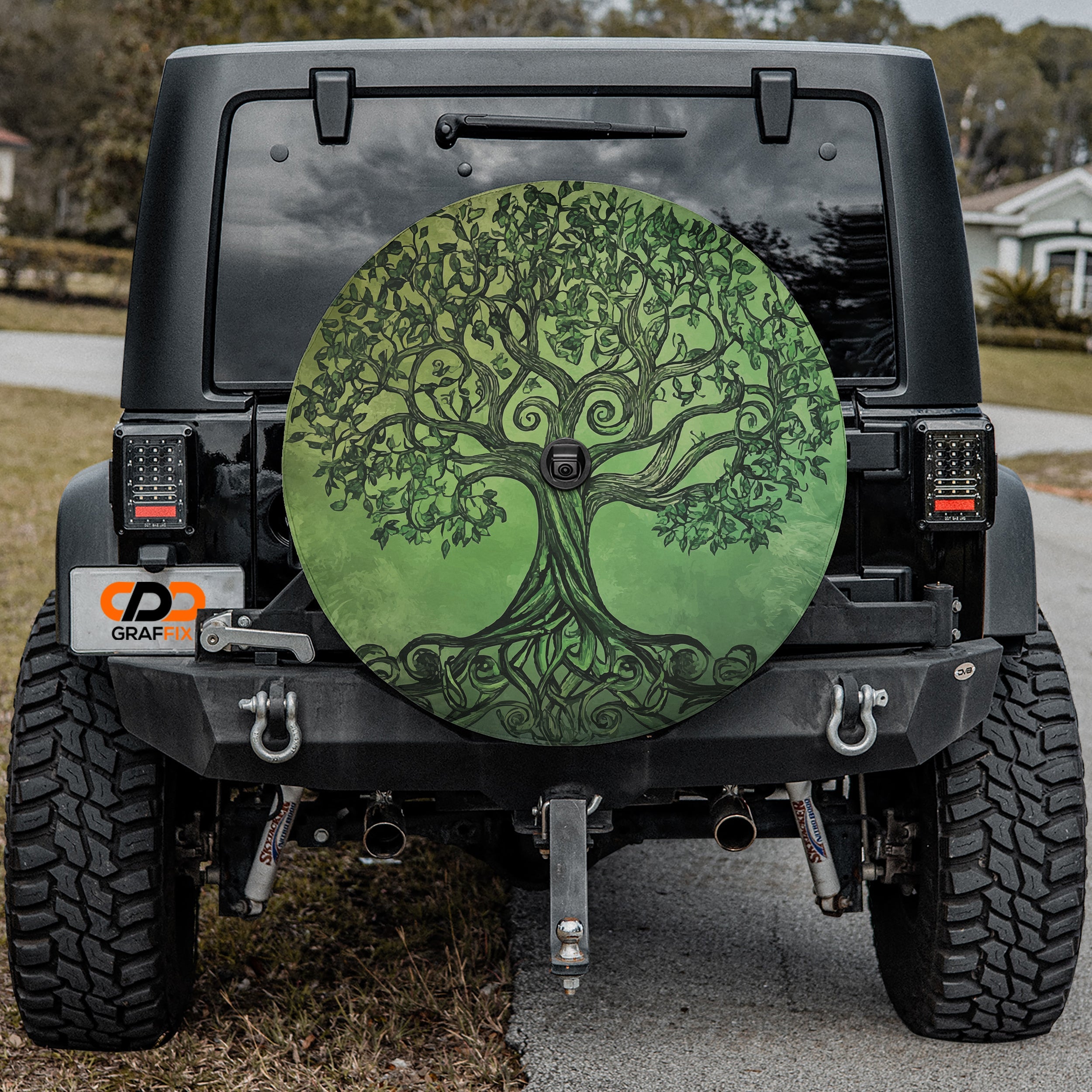 Celtic roots green tree of life spare tire cover with branching roots and ancient knotwork