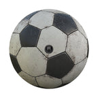 Soccer ball spare tire cover closeup detail of black and white panel printed graphic