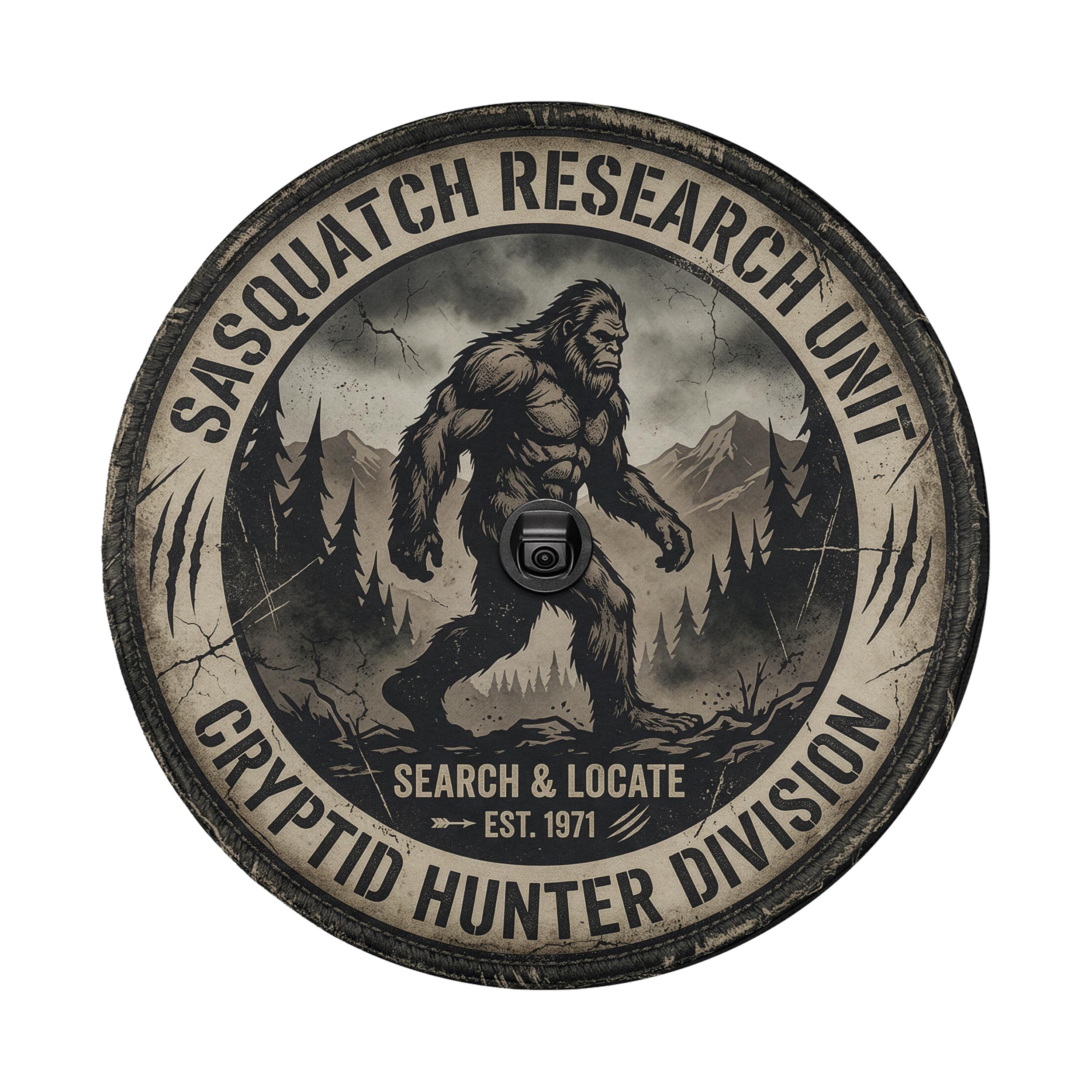 a large, muscular Sasquatch-like creature walking through a forested area with mountains in the background.