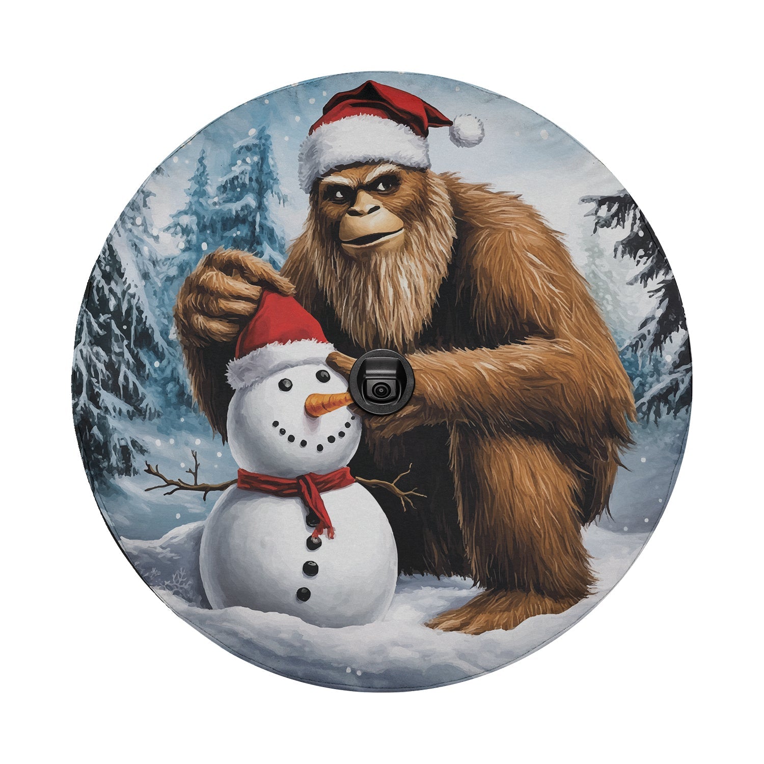 Bigfoot Sasquatch with Santa hat building snowman round tire cover art and central camera cutout