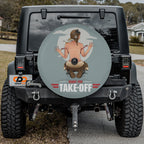 Pin-Up Girl Ready For Take-Off tire cover on black Jeep Wrangler with GRAFFIX plate art