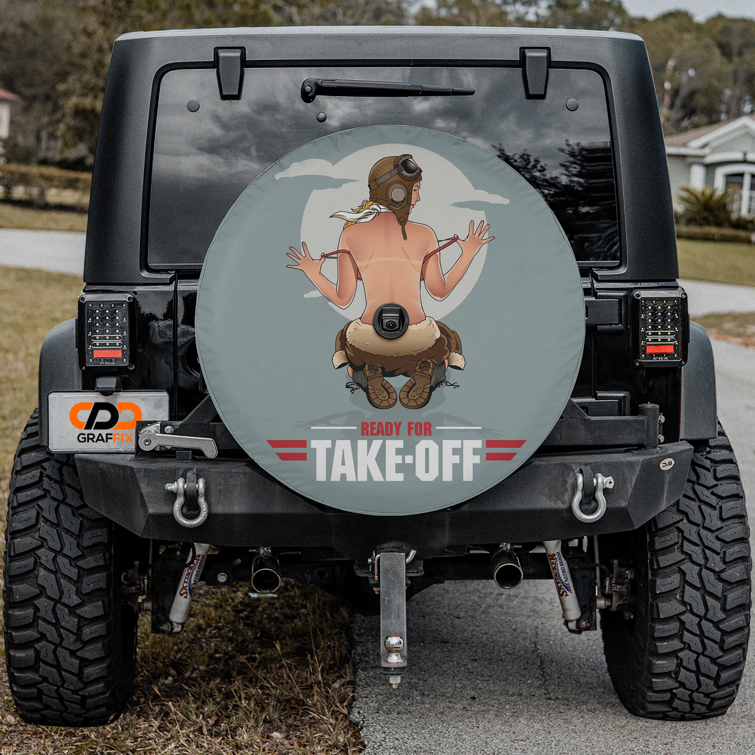 Pin-Up Girl Ready For Take-Off tire cover on black Jeep Wrangler with GRAFFIX plate art