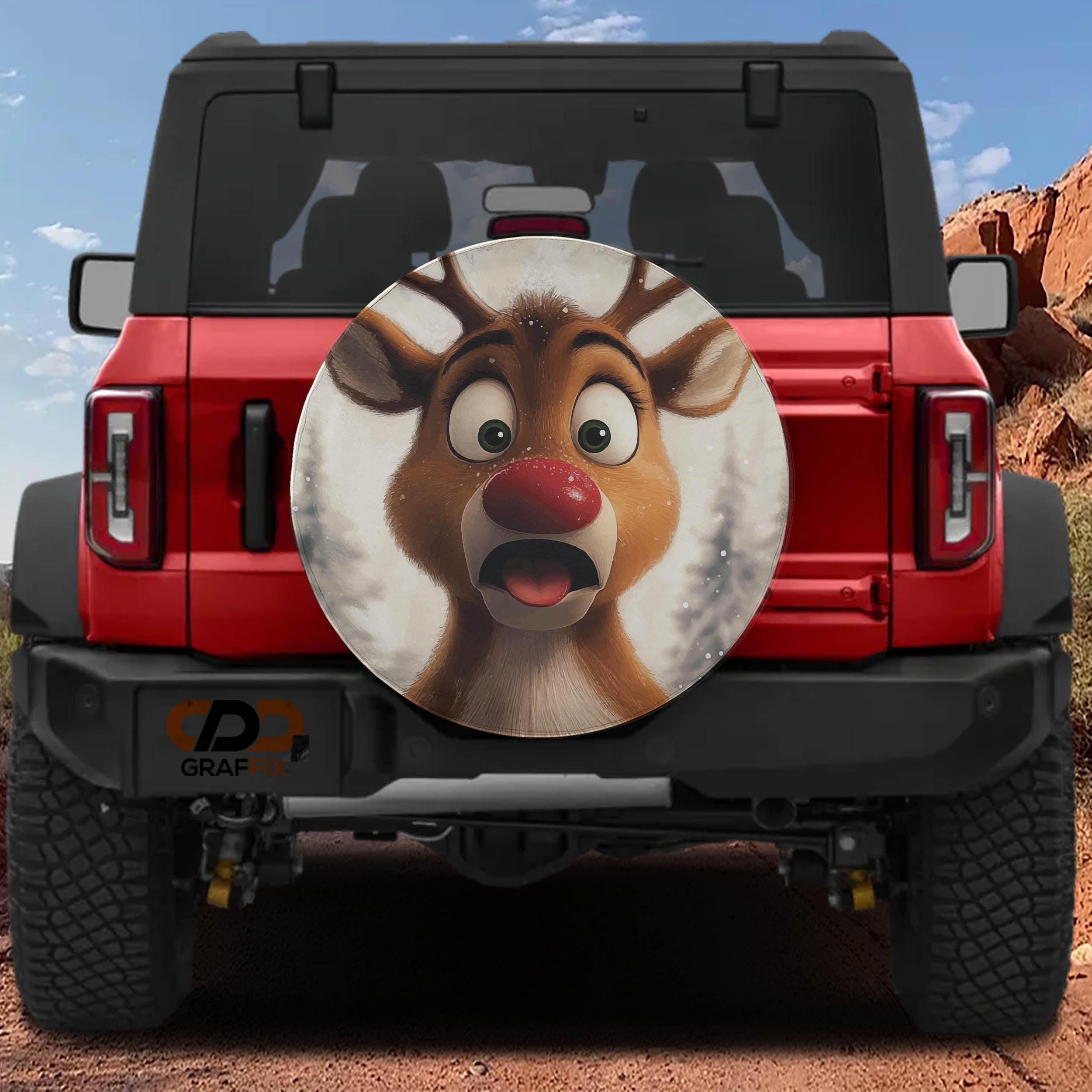 Red Ford Bronco rear with surprised Rudolph the red-nosed reindeer cartoon spare tire cover artwork