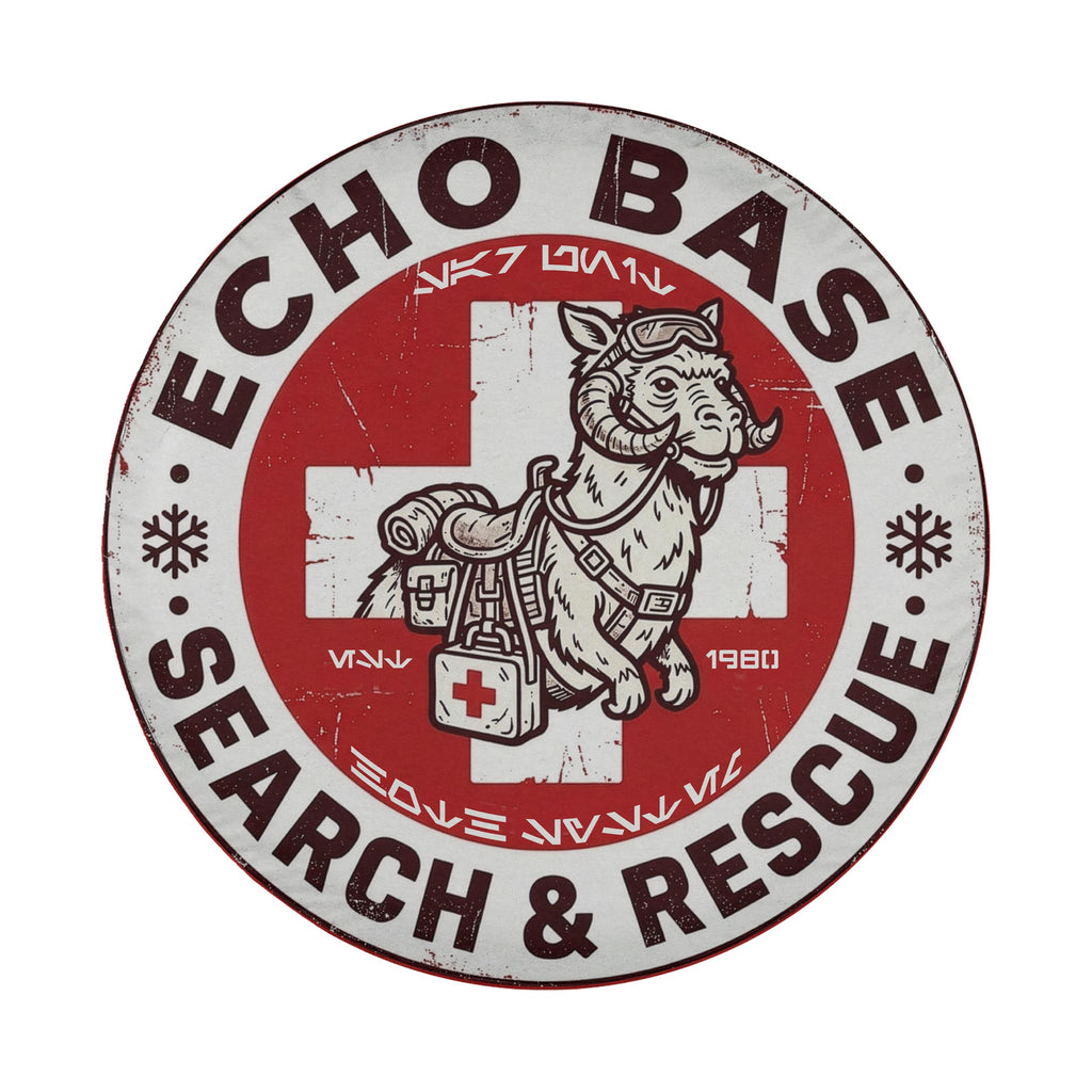 a circular logo with a red cross and a white cross, along with a cartoon-like illustration of a person wearing a backpack and goggles. The text around the logo reads "ECHO BASE SEARCH & RESCUE".