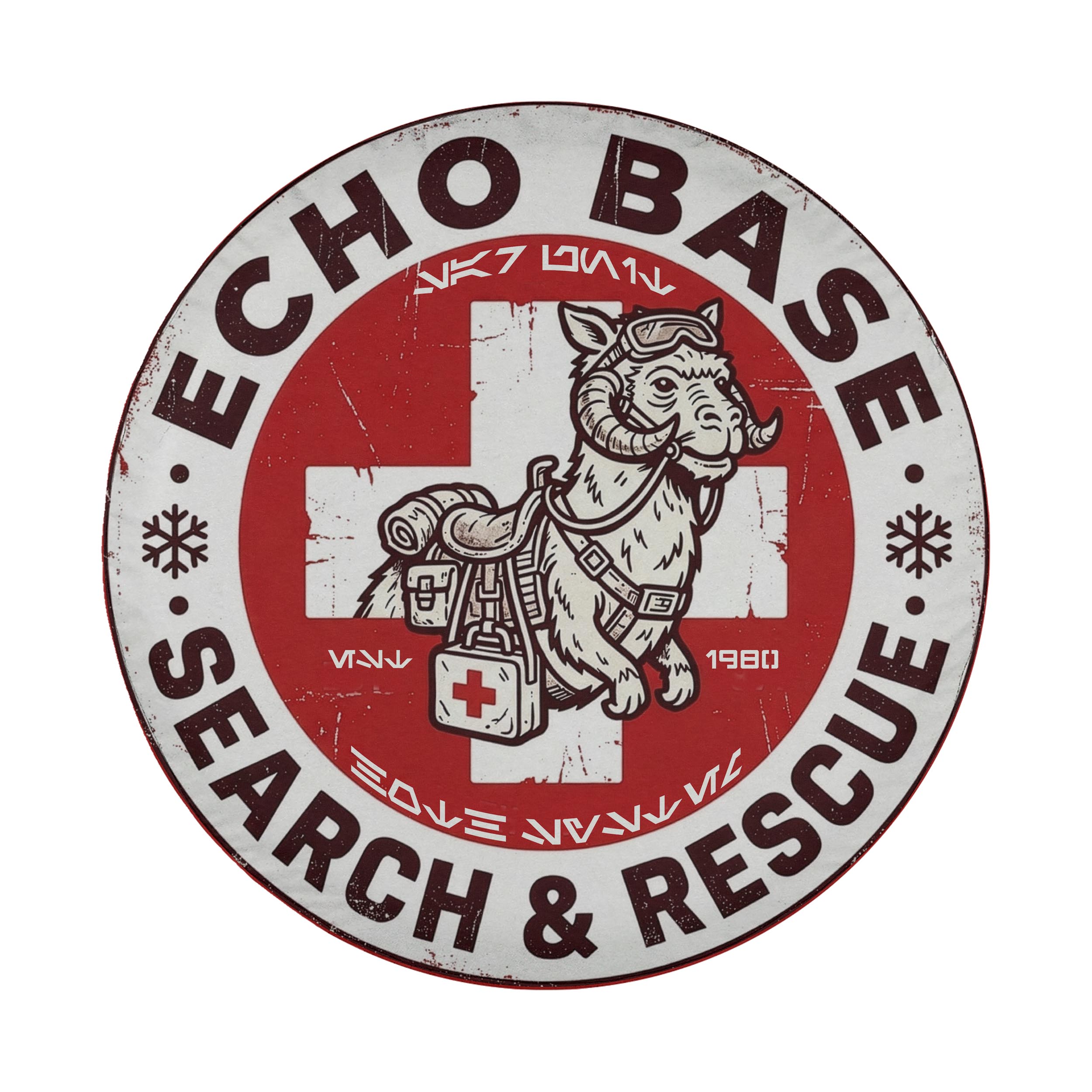 a circular logo with a red cross and a white cross, along with a cartoon-like illustration of a person wearing a backpack and goggles. The text around the logo reads "ECHO BASE SEARCH & RESCUE".