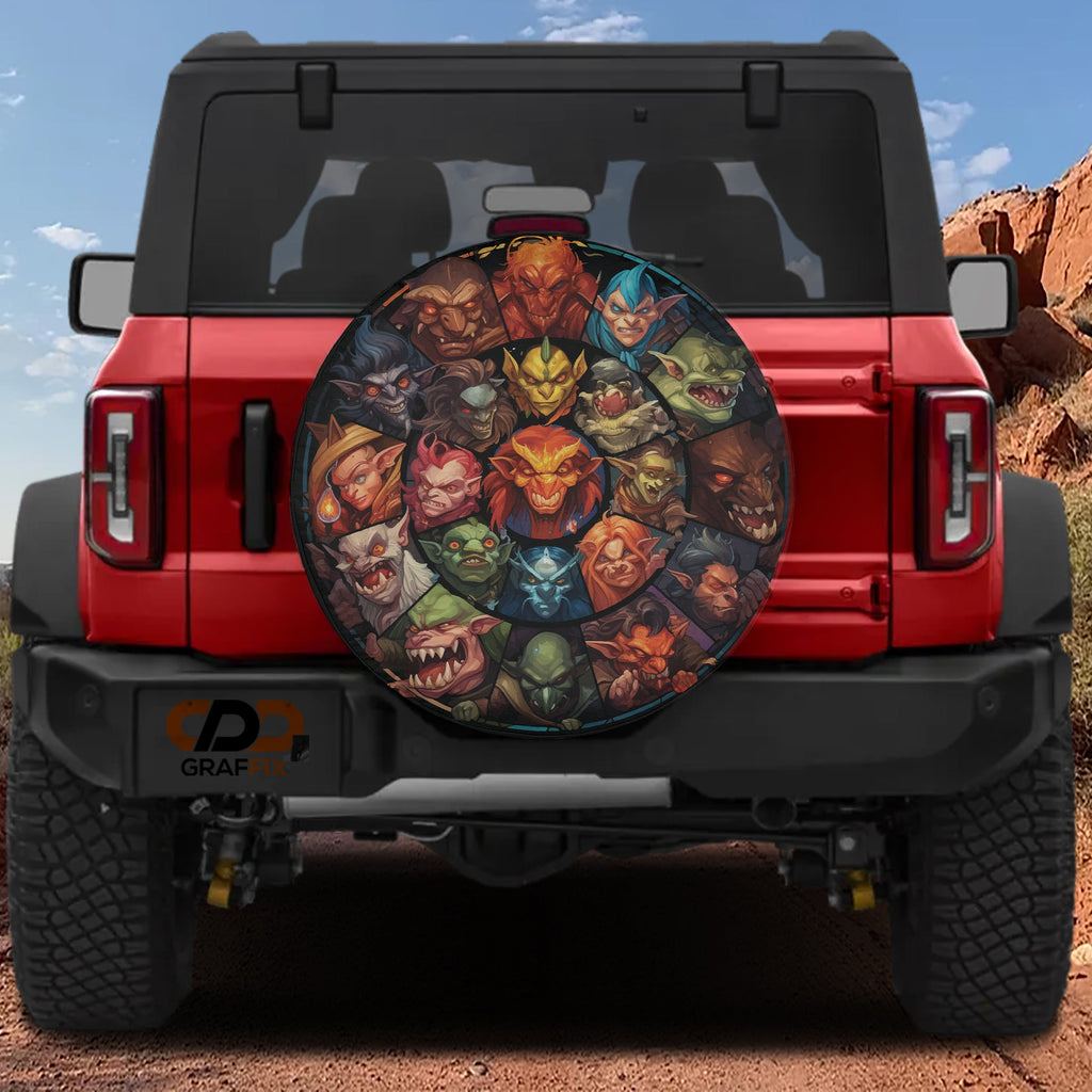 Hero Slayers Assemble tire cover on a red Ford Bronco with circular orc warrior portraits around a shield