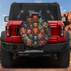 Hero Slayers Assemble tire cover on a red Ford Bronco with circular orc warrior portraits around a shield