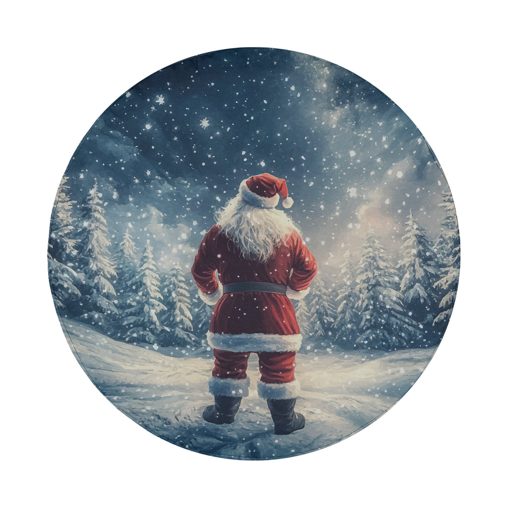 Round tire cover painting of Santa Claus from behind gazing at a star filled snowy forest sky