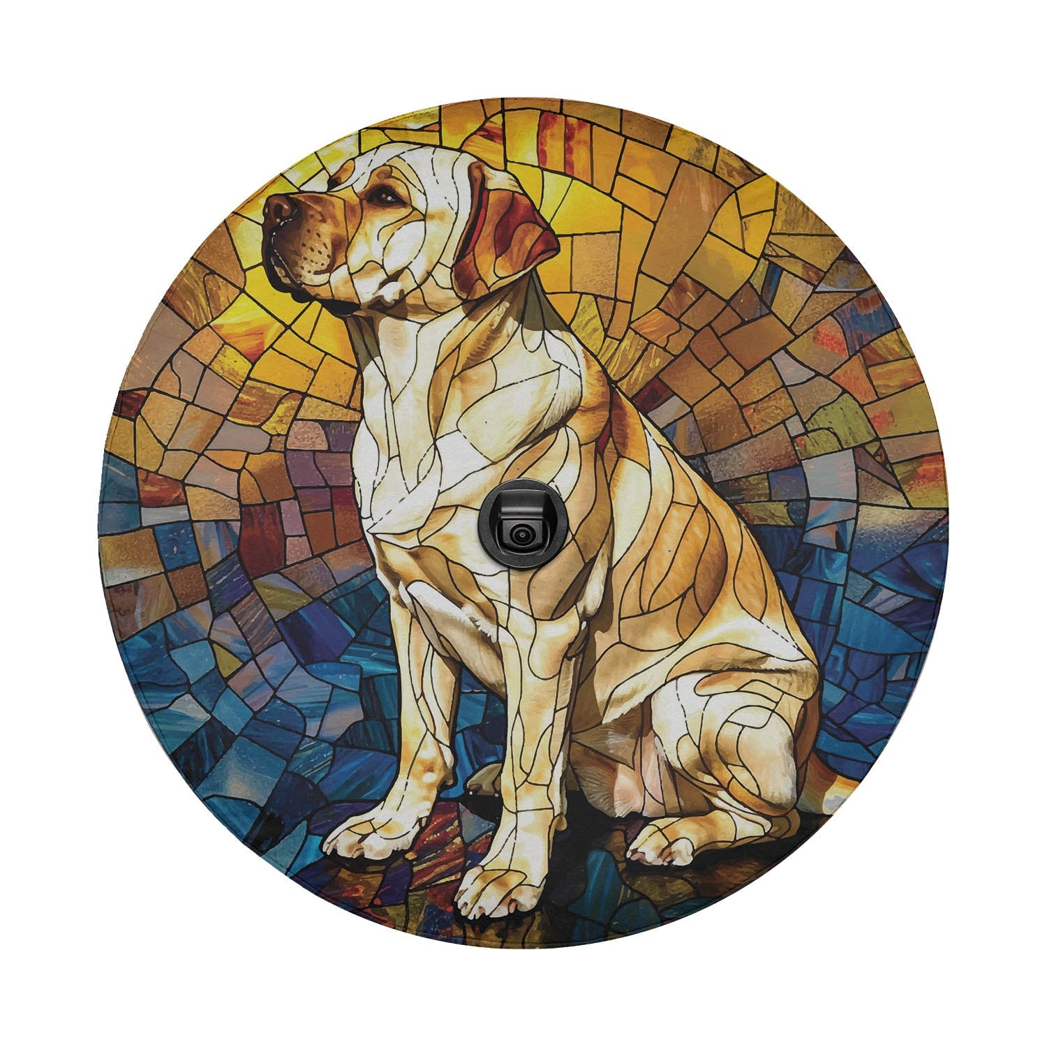 Stained glass golden lab tire cover with camera hole sitting yellow Labrador amber blue mosaic tiles