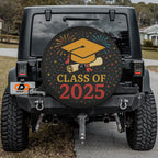 Class of 2025 spare tire cover on red Bronco rear with yellow graduation cap celebration