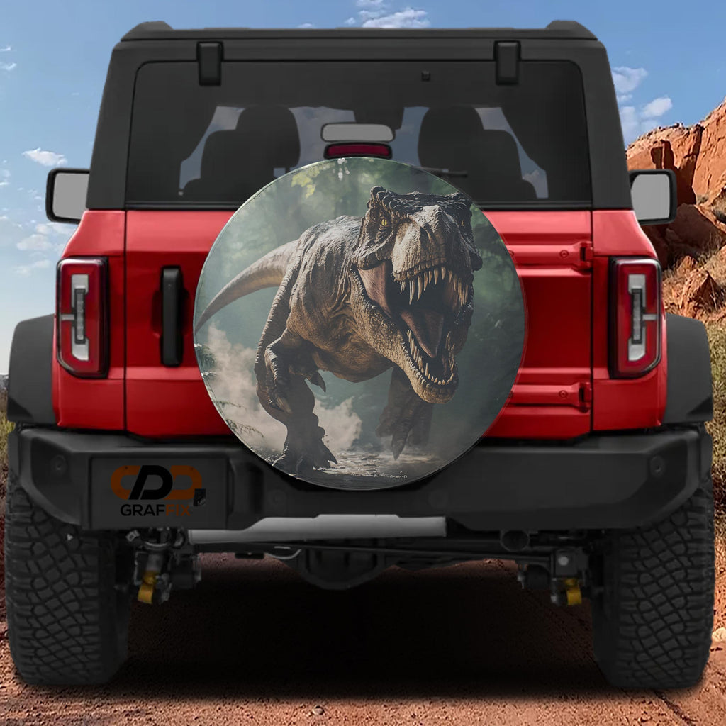 T-Rex charging dinosaur spare tire cover on red Ford Bronco with roaring Tyrannosaurus prehistoric