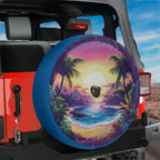 Tropical paradise tire cover on red Jeep Wrangler showing palms sunset lagoon with backup camera hole