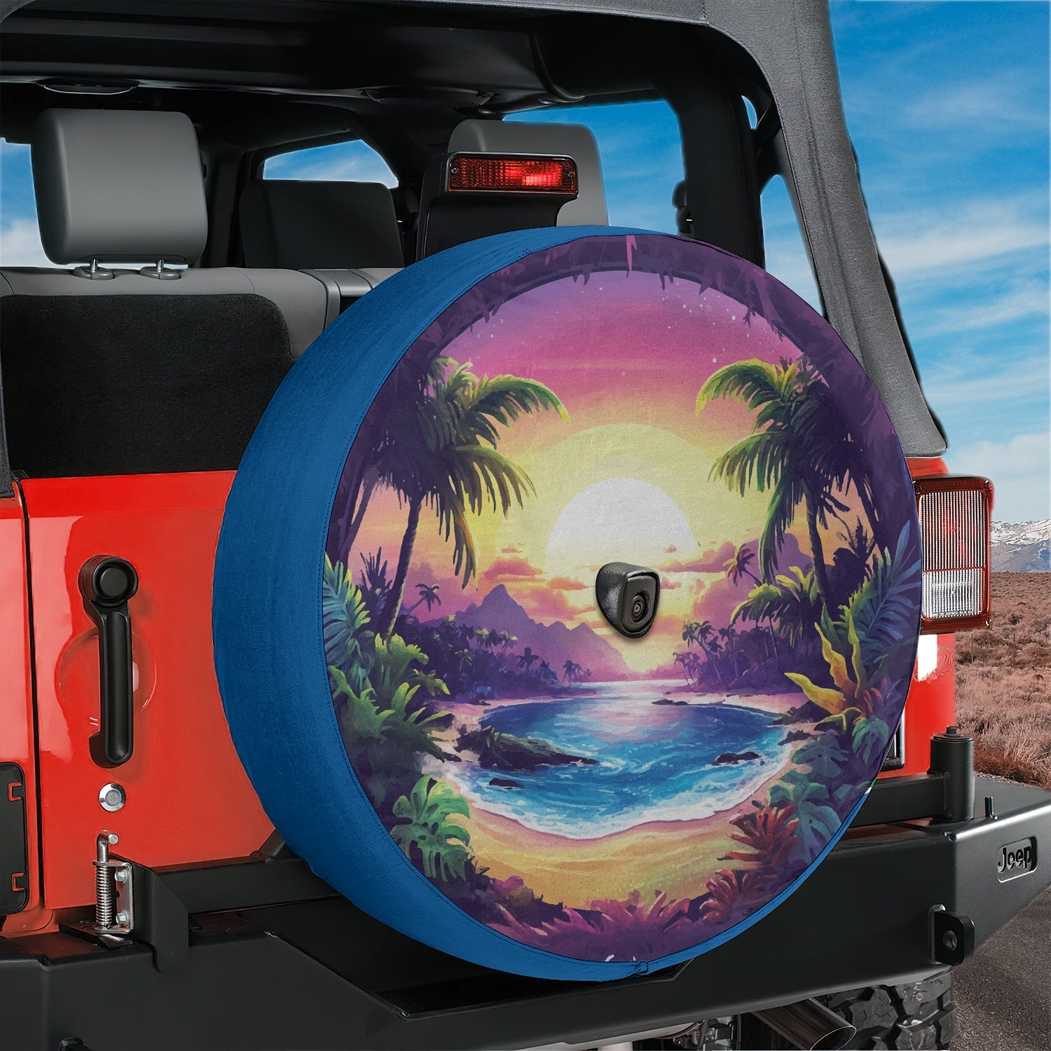Tropical paradise tire cover on red Jeep Wrangler showing palms sunset lagoon with backup camera hole
