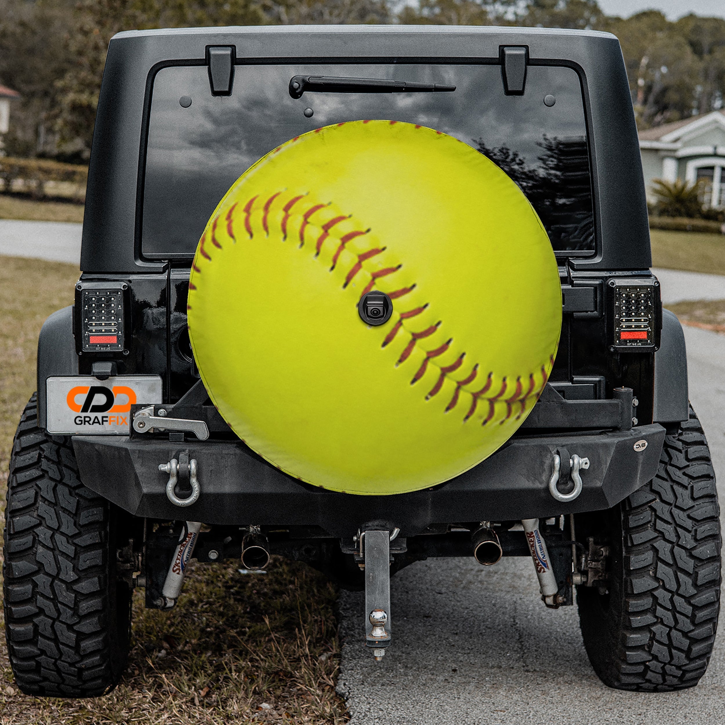 Yellow softball spare tire cover flat product view in yellow with red lace stitching detail