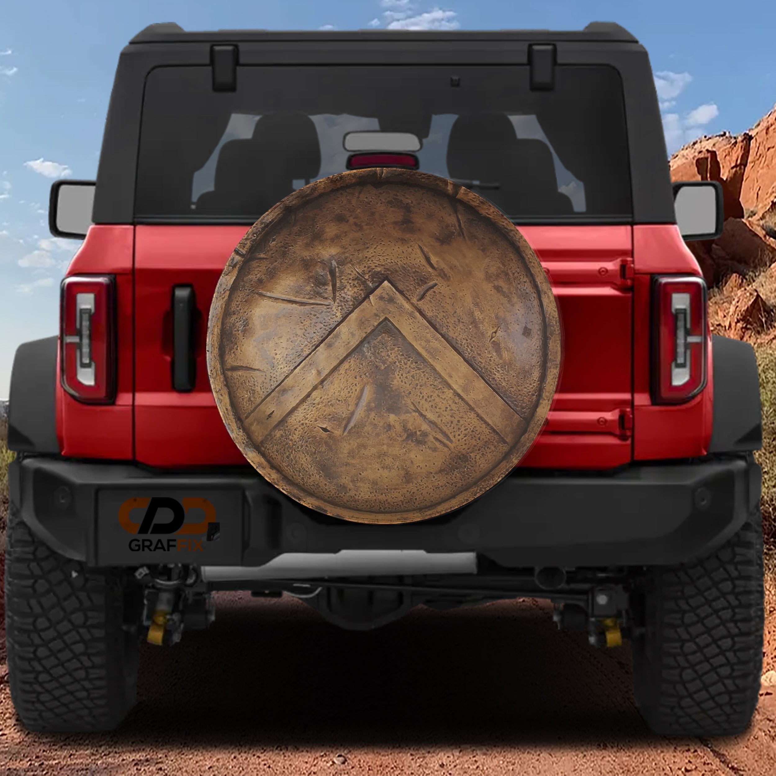 Spartan 300 Shield design printed spare tire cover with optional backup camera hole by Graffix